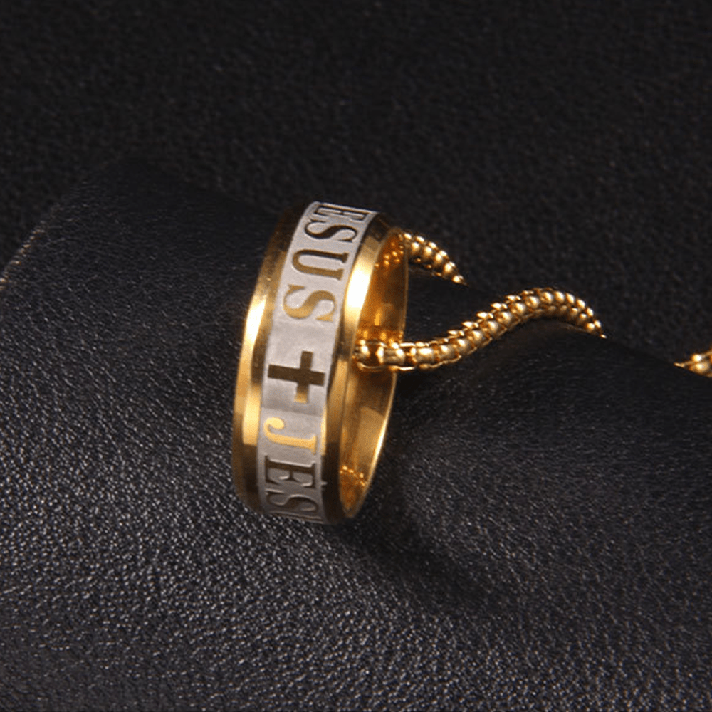 Anillo y cadena de acero inoxidable "JESÚS" con grabado láser de estilo combinado