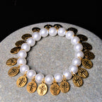 Retro Style Saint Jesus Mary Medals Cross Pearl Bracelet