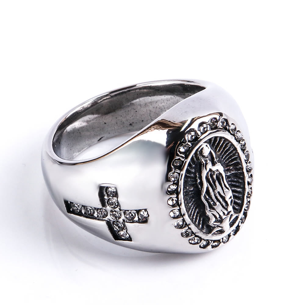 Anillo de acero inoxidable de la Virgen María con signo de la cruz, anillos católicos para joyería religiosa