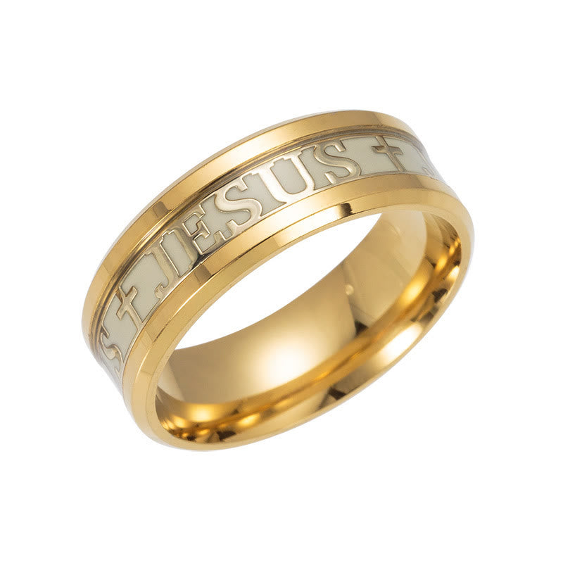 Anillo de acero inoxidable luminoso con la inscripción "JESÚS"