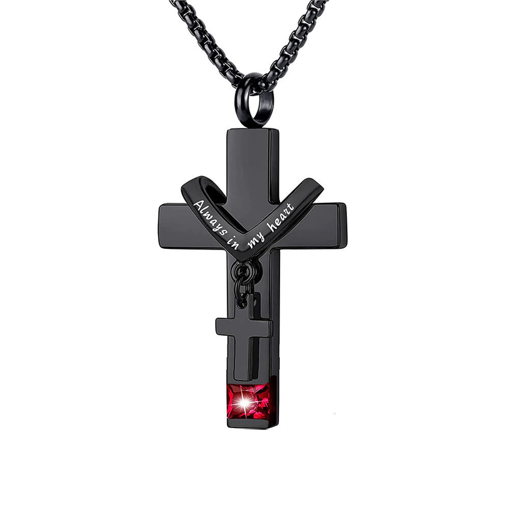 Collar con colgante de urna de cenizas con doble cruz y piedra natal de 12 meses