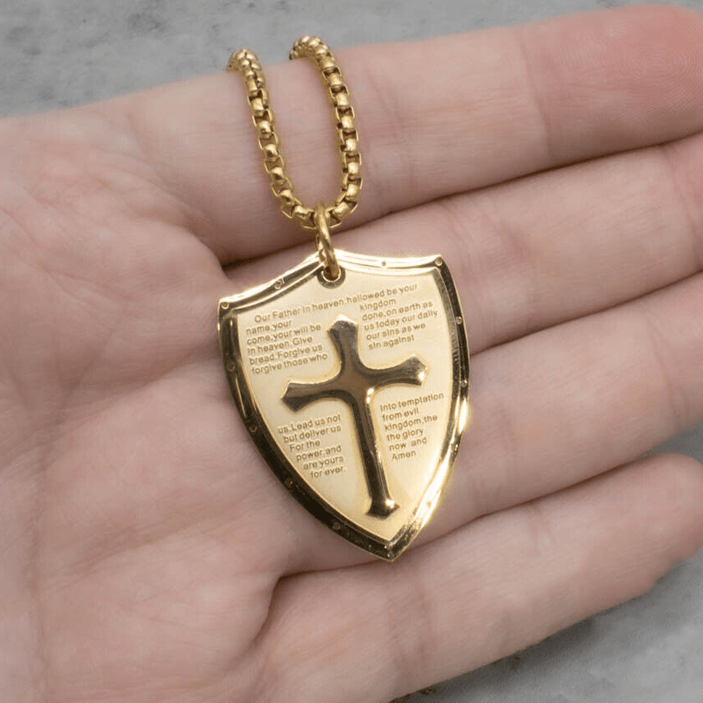 Collier pendentif bouclier croix en acier inoxydable avec la prière du Seigneur