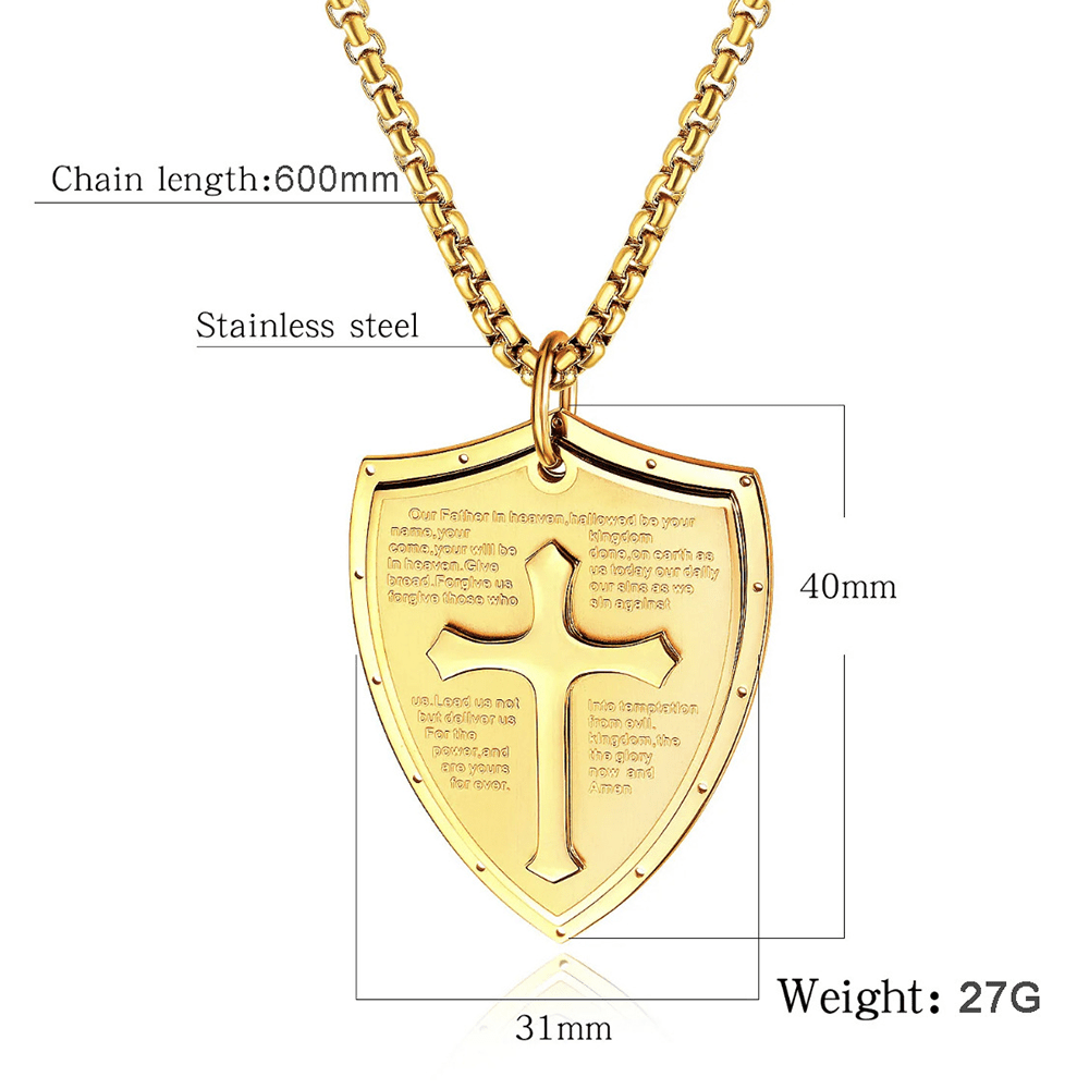 Collier pendentif bouclier croix en acier inoxydable avec la prière du Seigneur