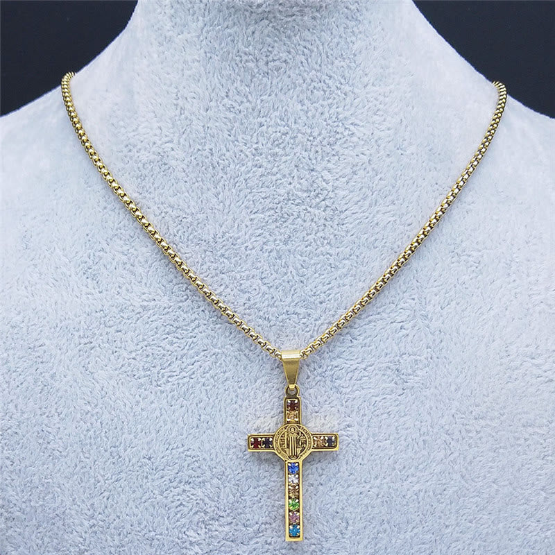 Saint Benedict Cross Mix Bible 12 Crystal Necklace