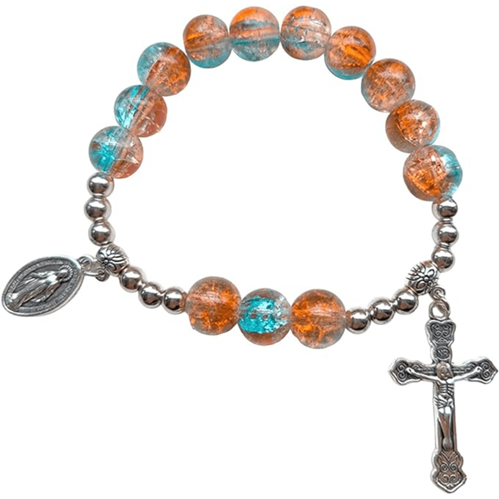 Bracelet en verre bicolore avec médaillon et crucifix miraculeux
