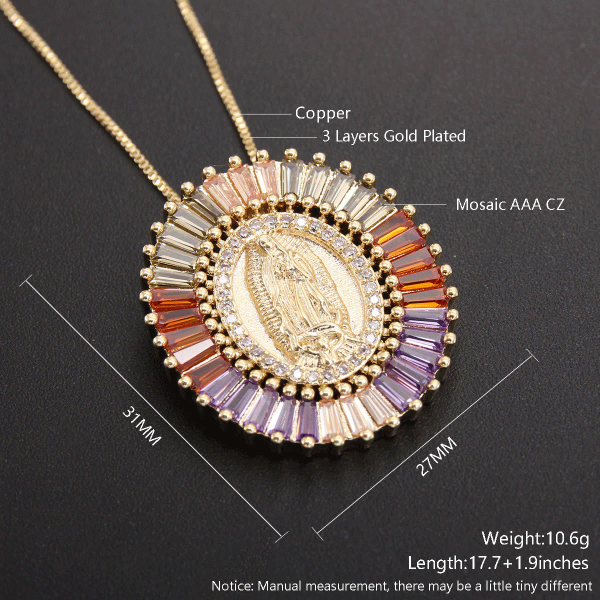 Collier pendentif amulette Vierge de Guadalupe en zircone