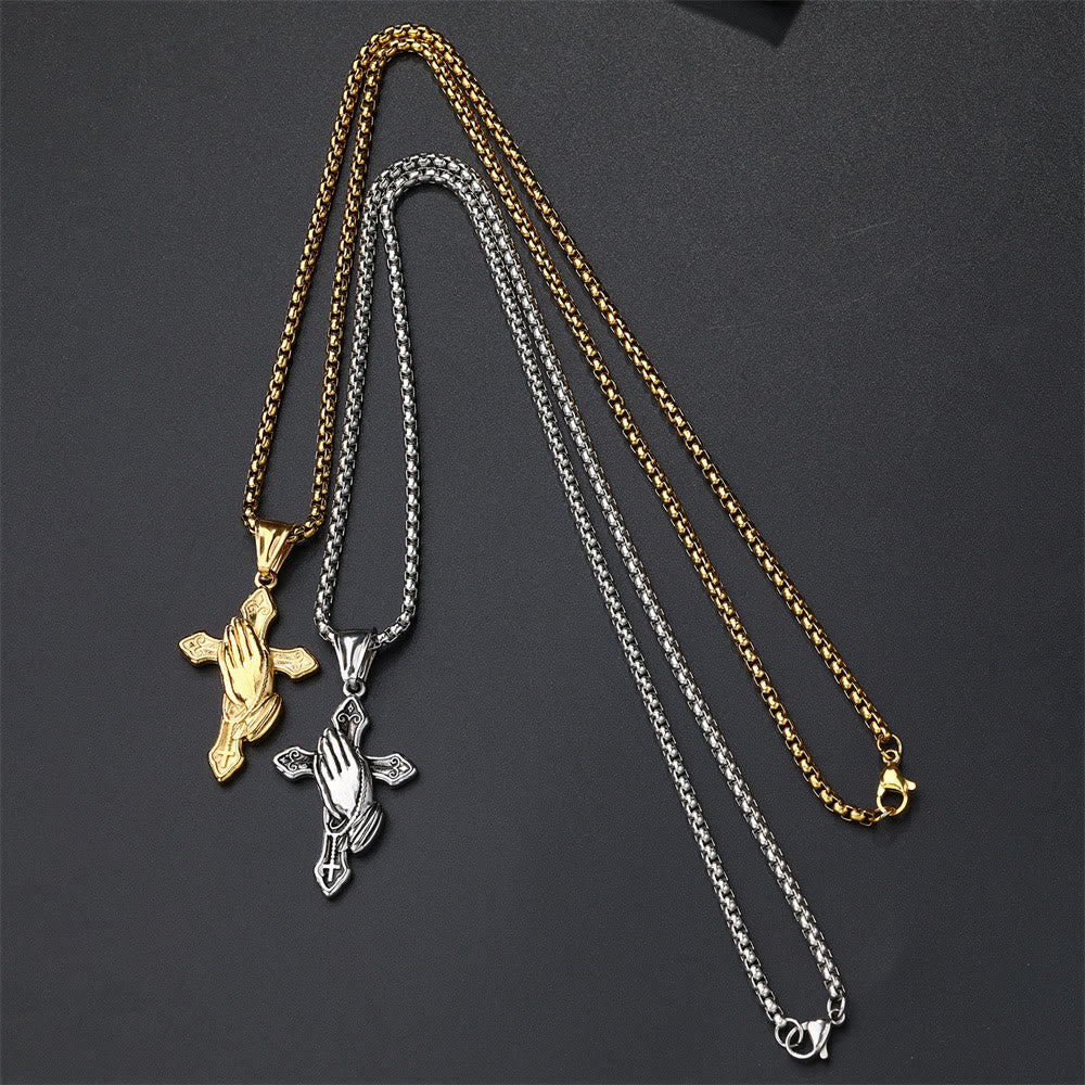 Pendentif Collier Croix Mains Qui Prient en Acier Inoxydable