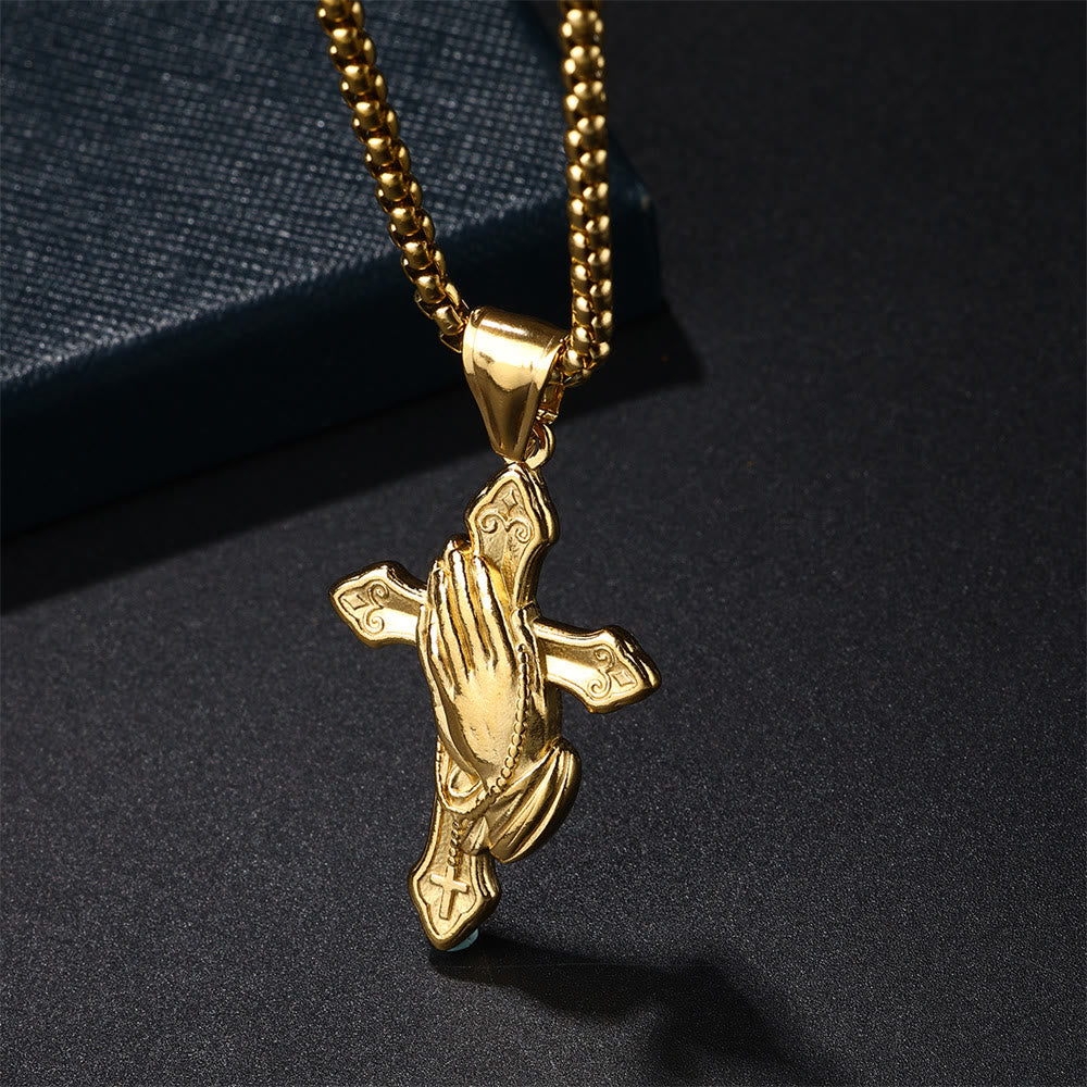 Pendentif Collier Croix Mains Qui Prient en Acier Inoxydable