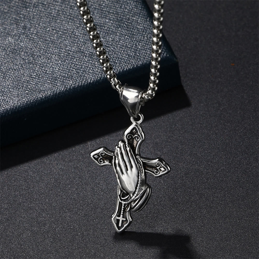 Pendentif Collier Croix Mains Qui Prient en Acier Inoxydable