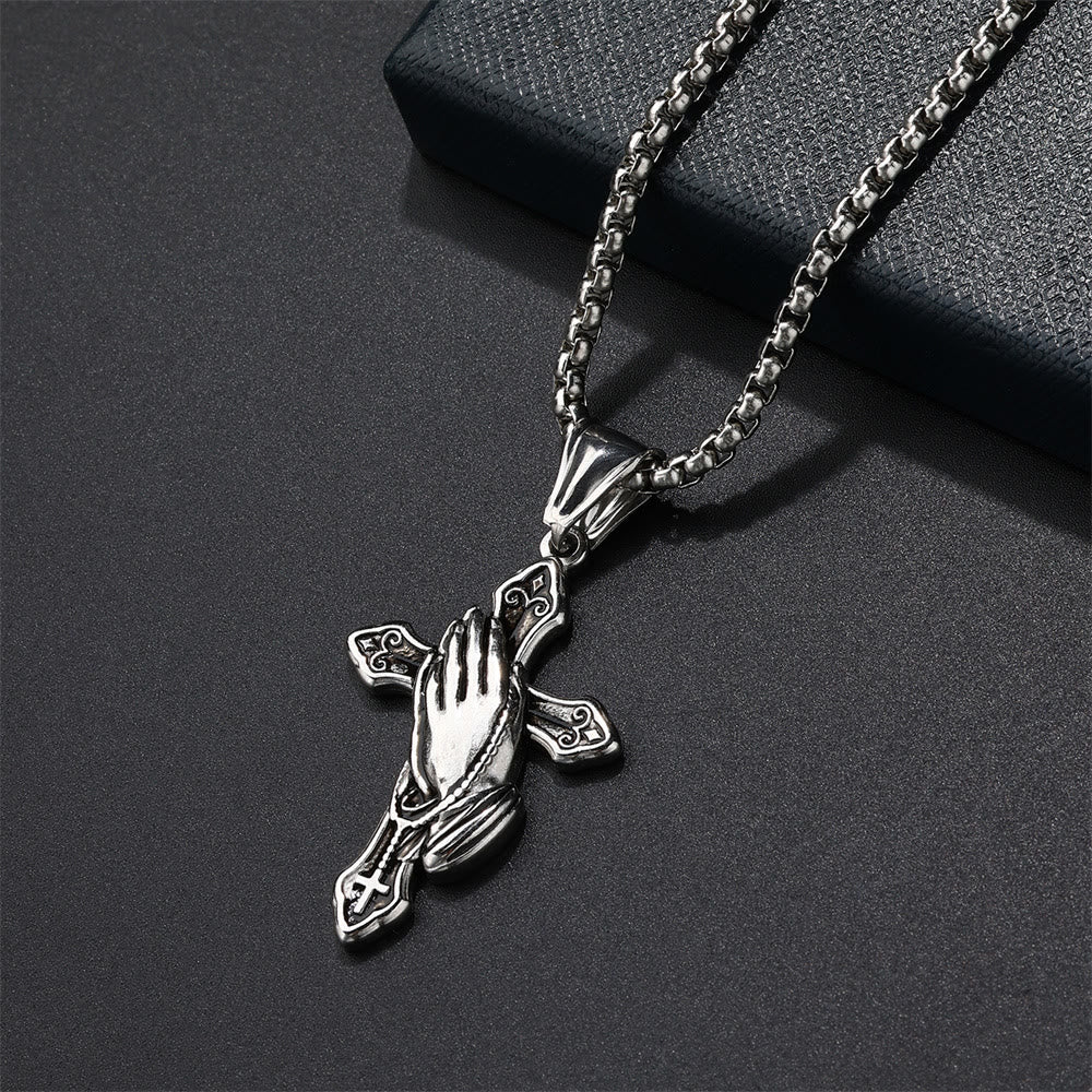 Pendentif Collier Croix Mains Qui Prient en Acier Inoxydable