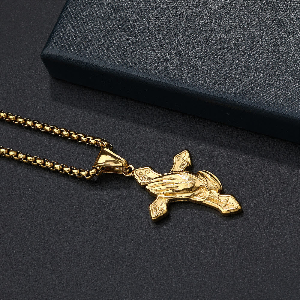 Pendentif Collier Croix Mains Qui Prient en Acier Inoxydable