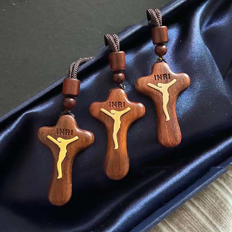 Collier avec pendentif croix en bois de rose incrusté de buis