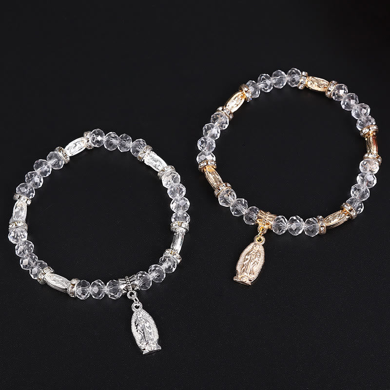 Pulsera de cuentas de vidrio transparente con colgante de la Virgen María