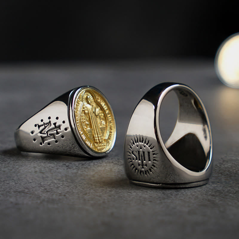 Bague croix médaille de Saint Benoît bicolore