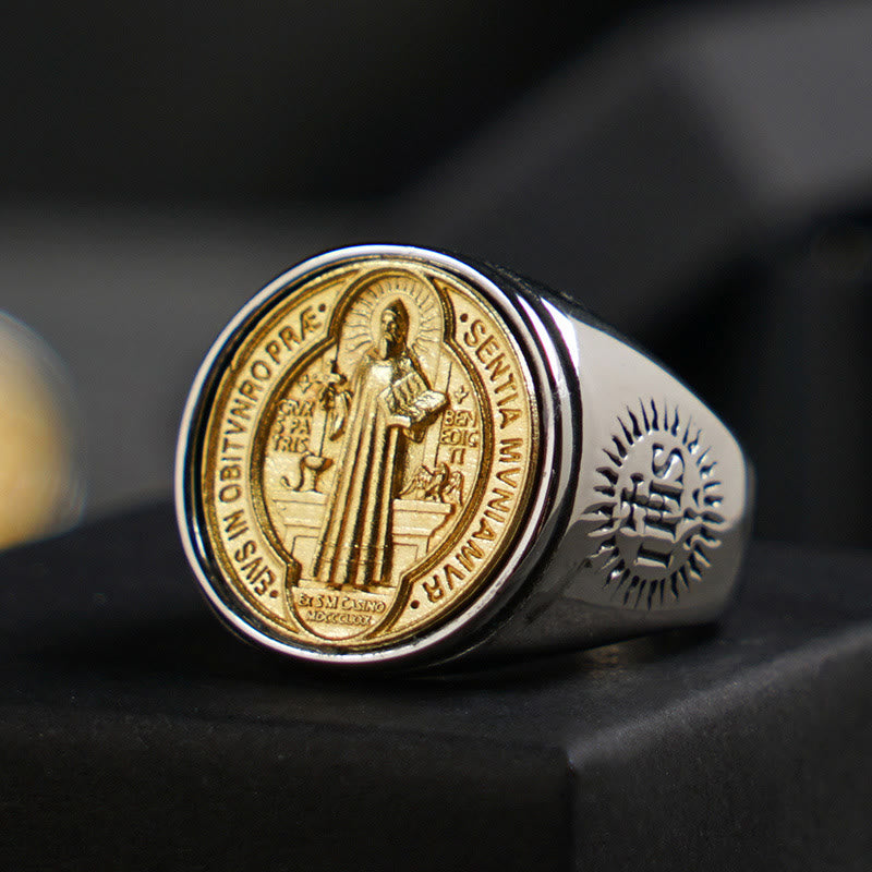 Bague croix médaille de Saint Benoît bicolore