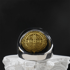 Bague croix médaille de Saint Benoît bicolore