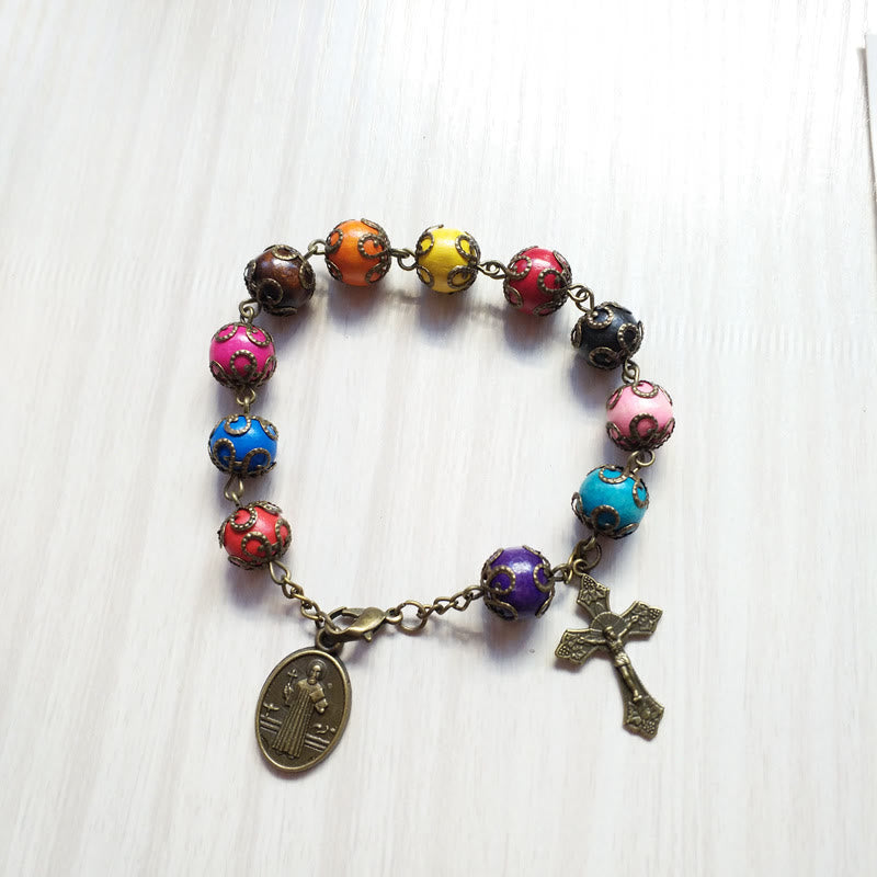 Pulsera de Madera Colores Antiguos con San Benito y Crucifijo