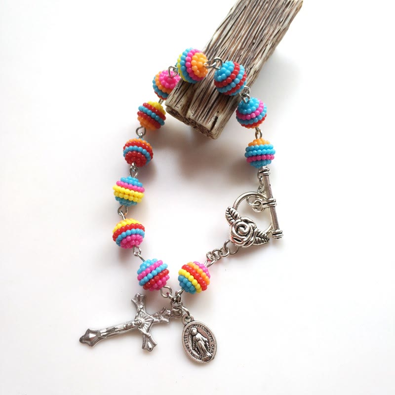 Bracelet en perles arc-en-ciel religieux Jésus et Marie