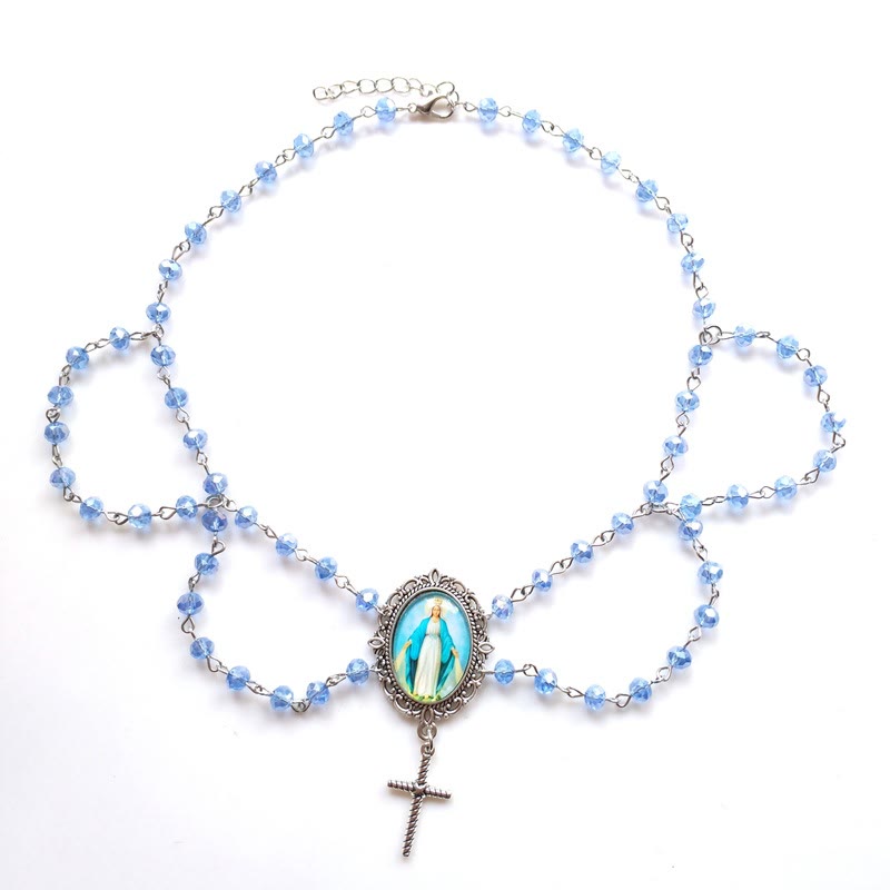 Pendentif en verre Vierge Miraculeuse avec chaîne ras du cou en cristal bleu