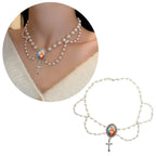Pendentif en verre Vierge Miraculeuse avec chaîne ras du cou en cristal bleu