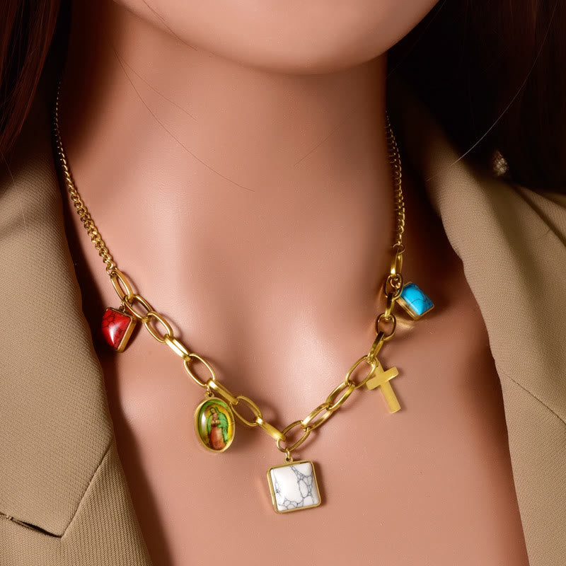 Collier ras du cou Croix Turquoise Notre-Dame de Guadalupe style décontracté