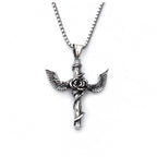 Collier en titane avec pendentif croix rose et ailes style rétro