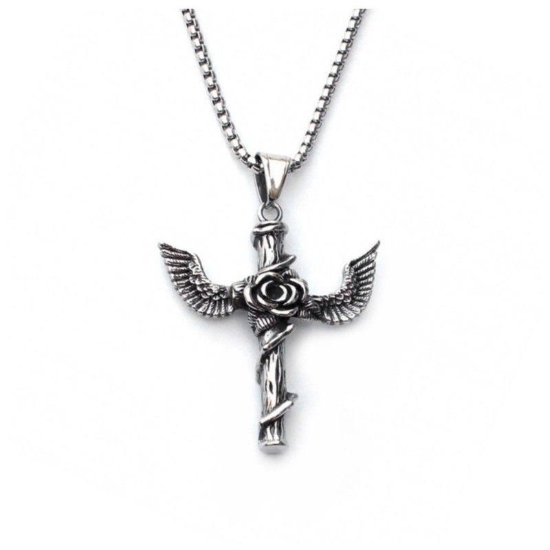 Collier en titane avec pendentif croix rose et ailes style rétro