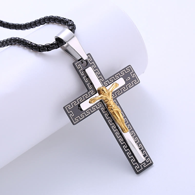 Collier en titane avec pendentif crucifix triple couche de style rétro