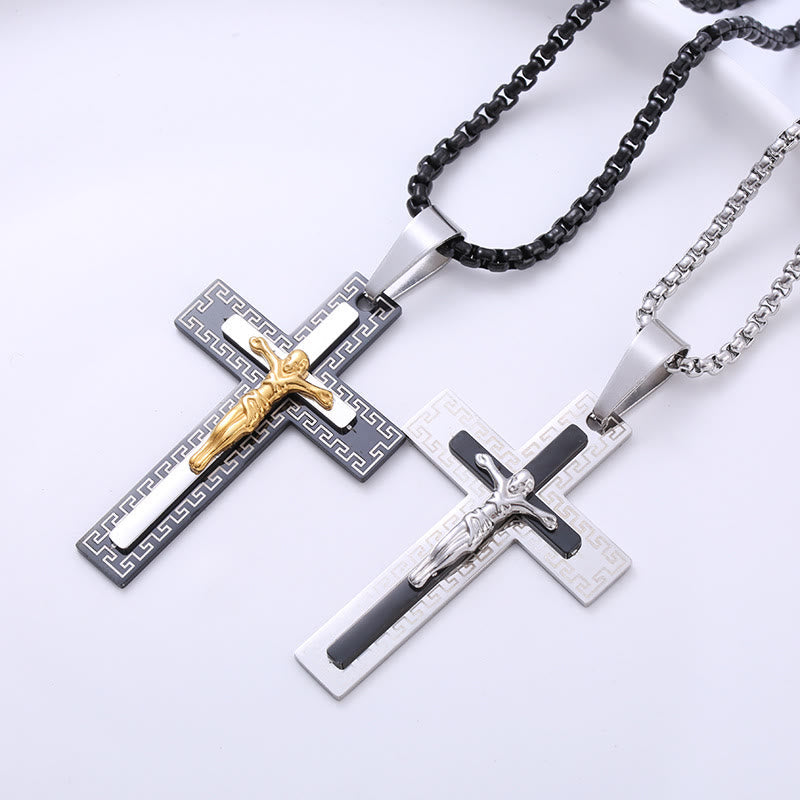 Collier en titane avec pendentif crucifix triple couche de style rétro