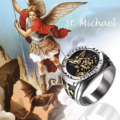 Anillo de acero de titanio estilo retro Arcángel San Miguel