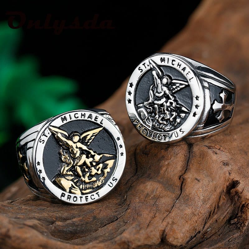 Anillo de acero de titanio estilo retro Arcángel San Miguel