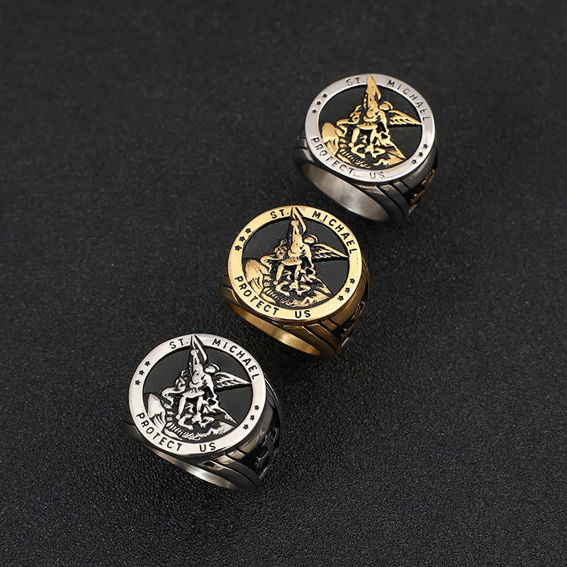 Anillo de acero de titanio estilo retro Arcángel San Miguel