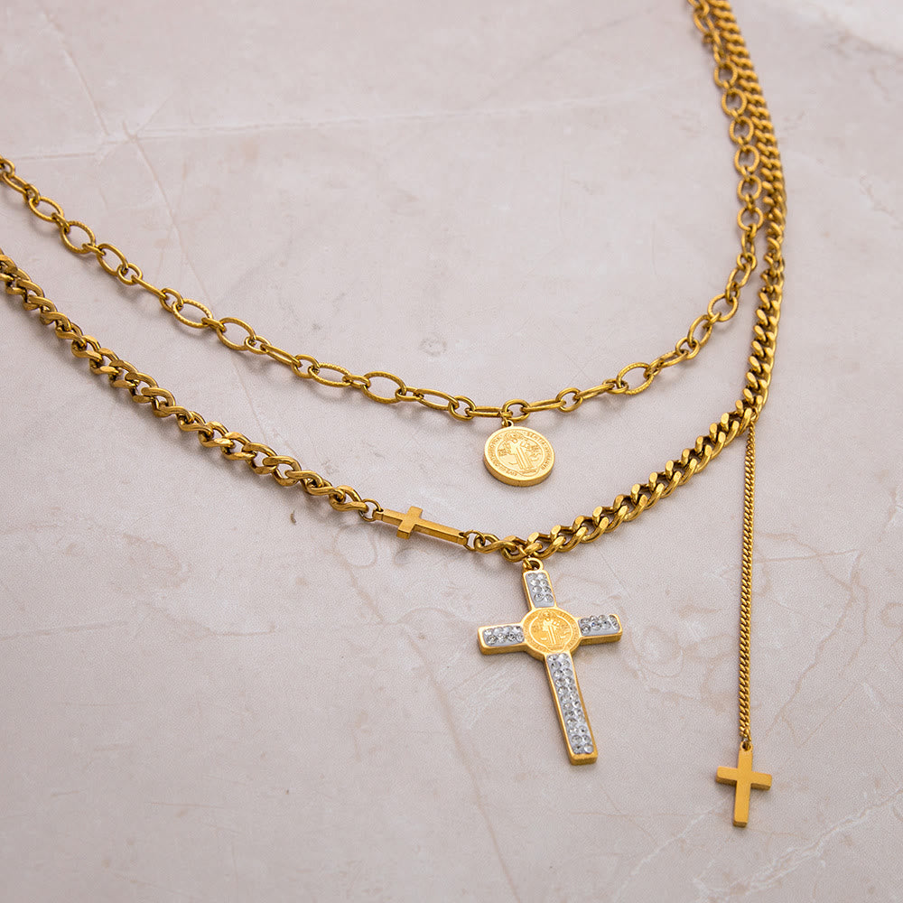 Collar en capas estilo dije de cruz de San Benito con cadena mixta