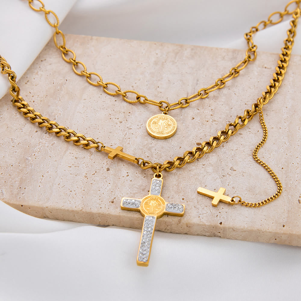 Collar en capas estilo dije de cruz de San Benito con cadena mixta