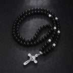 Collar con colgante de cuentas de gálgola negras, estilo retro noble, con crucifijo
