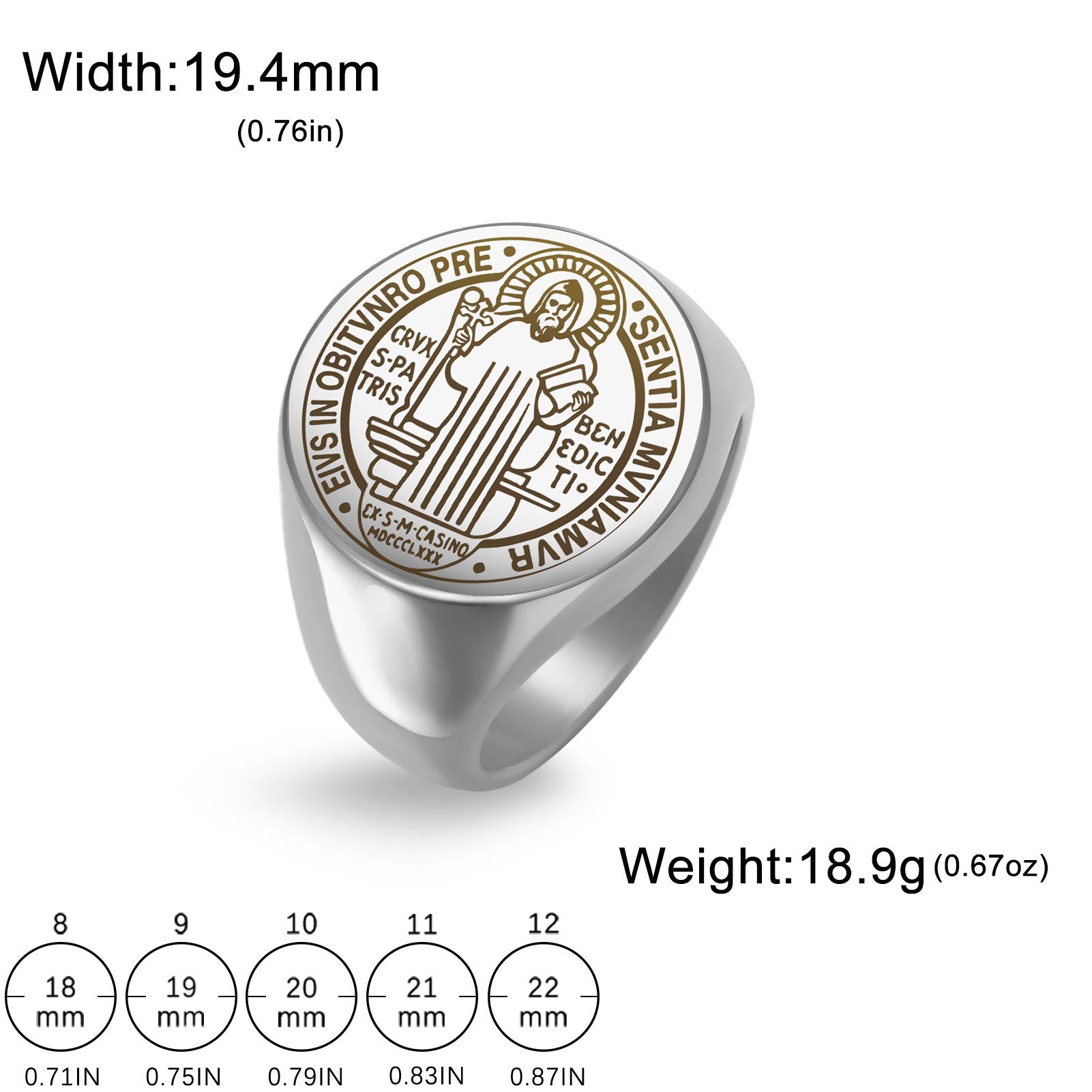 Anillo de acero inoxidable con medalla de exorcismo de San Benito grabada estilo retro-pop