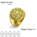 Anillo de acero inoxidable con medalla de exorcismo de San Benito grabada estilo retro-pop