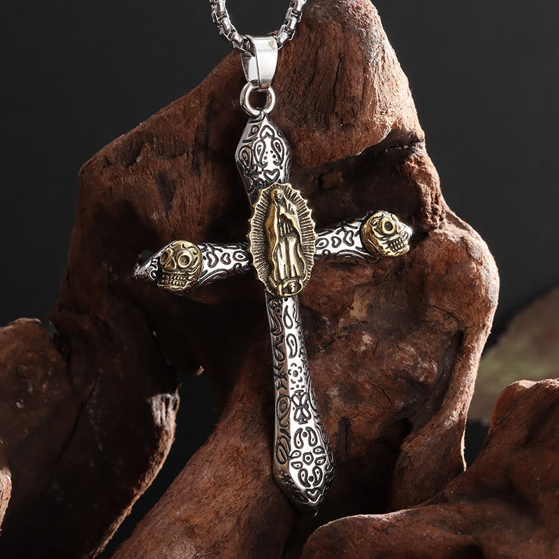 Collier avec pendentif rétrocrucifix style classique et Notre-Dame de Guadalupe