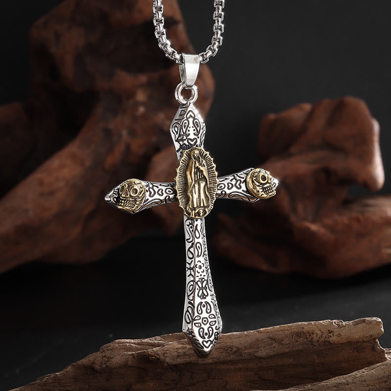 Collier avec pendentif rétrocrucifix style classique et Notre-Dame de Guadalupe