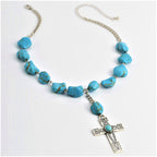 Collier pendentif croix en pierre naturelle turquoise style rétro