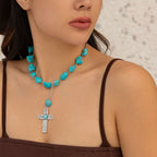 Collier pendentif croix en pierre naturelle turquoise style rétro