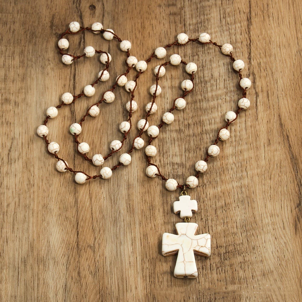Collier pendentif croix tressé turquoise style ethnique