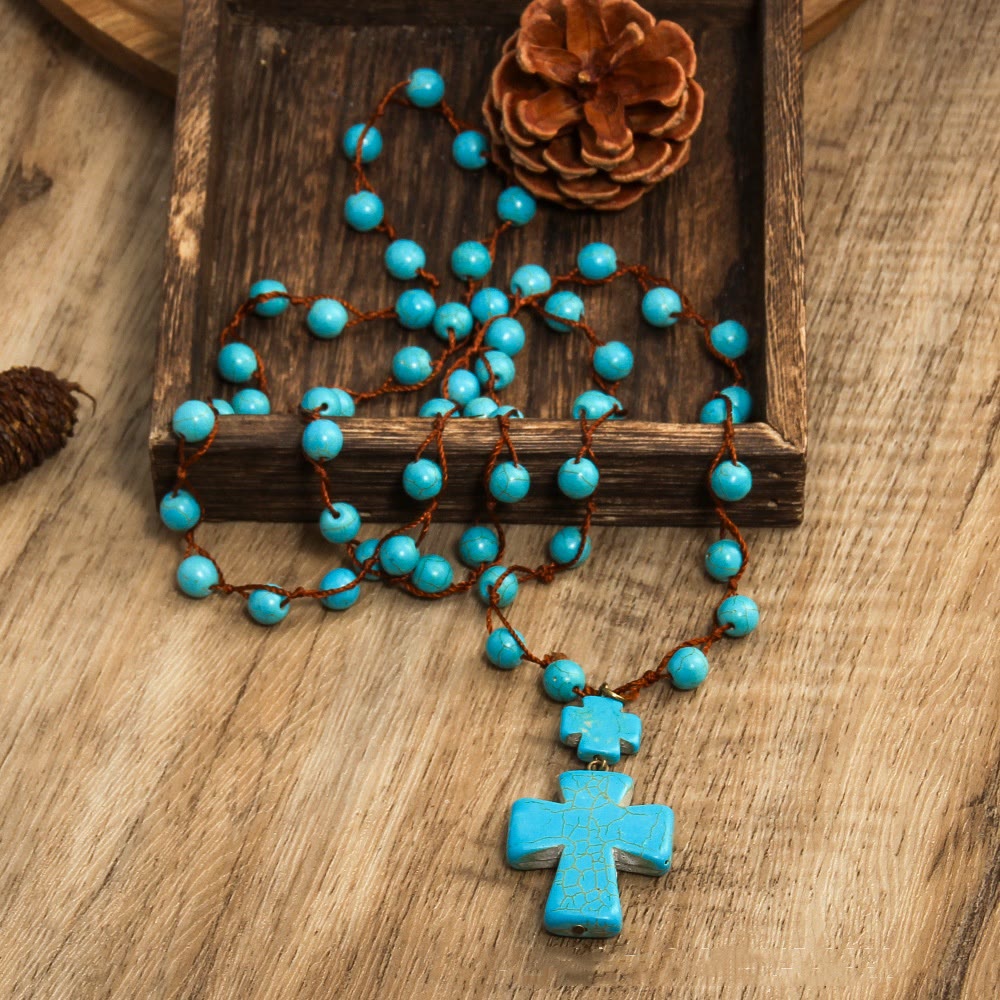 Collier pendentif croix tressé turquoise style ethnique