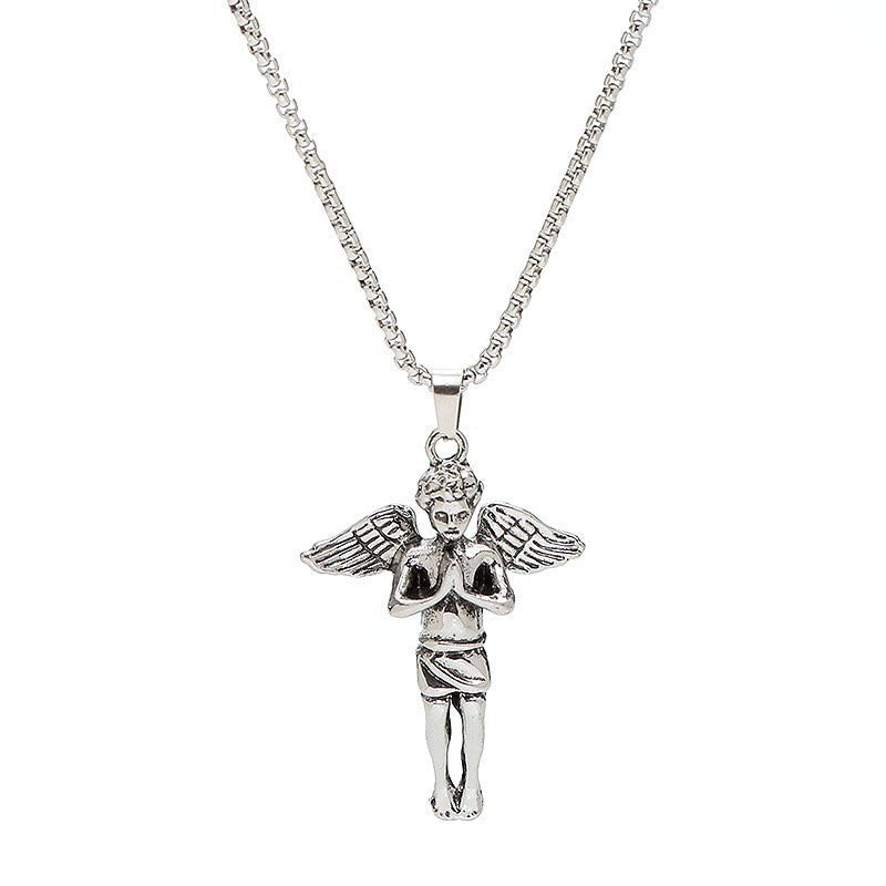 Collar con colgante de aleación de ángel con alas cortas estilo retro hip-hop