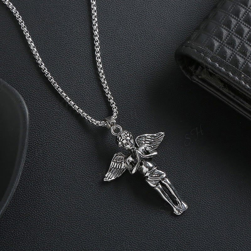 Collar con colgante de aleación de ángel con alas cortas estilo retro hip-hop