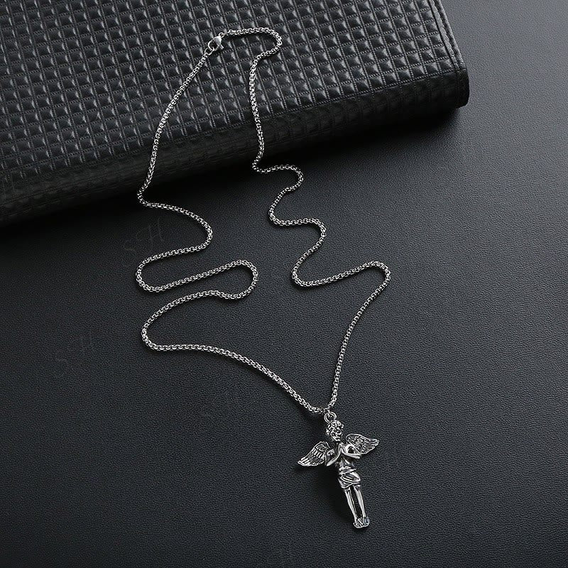 Collar con colgante de aleación de ángel con alas cortas estilo retro hip-hop