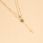 Collar con Cruz Turquesa de Nuestra Señora de Guadalupe, de Estilo Minimalista y Doble Capa
