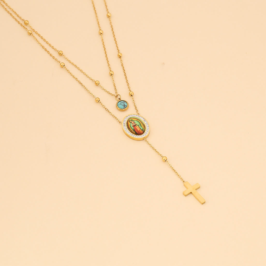 Collar con Cruz Turquesa de Nuestra Señora de Guadalupe, de Estilo Minimalista y Doble Capa