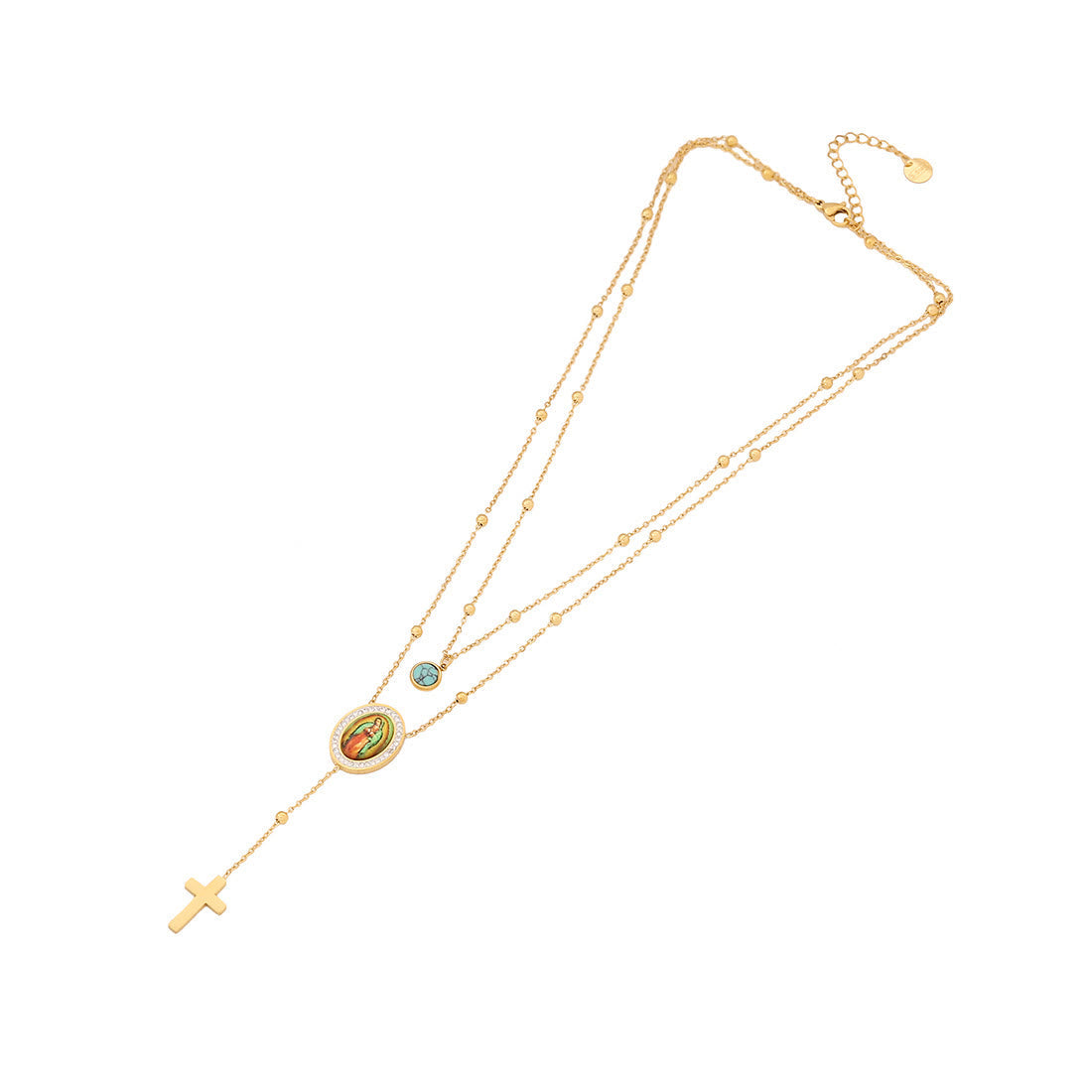 Collar con Cruz Turquesa de Nuestra Señora de Guadalupe, de Estilo Minimalista y Doble Capa