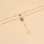 Collar con Cruz Turquesa de Nuestra Señora de Guadalupe, de Estilo Minimalista y Doble Capa